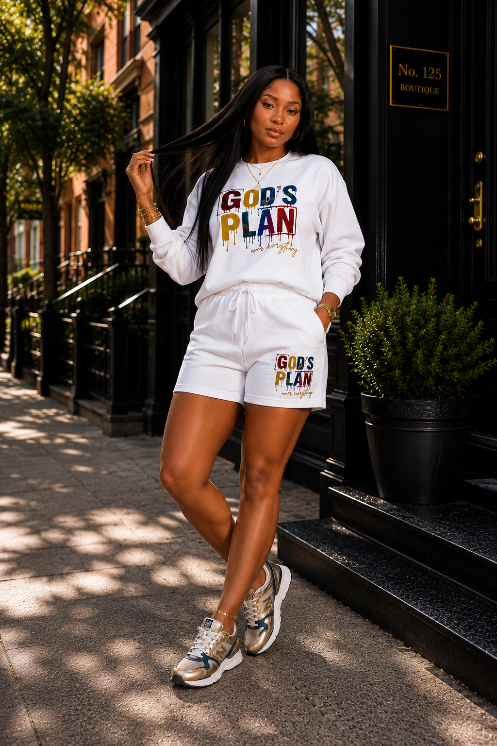 GOD'S PLAN OVER EVERYTHING WHITE LONG SLEEVE SHORT SET
